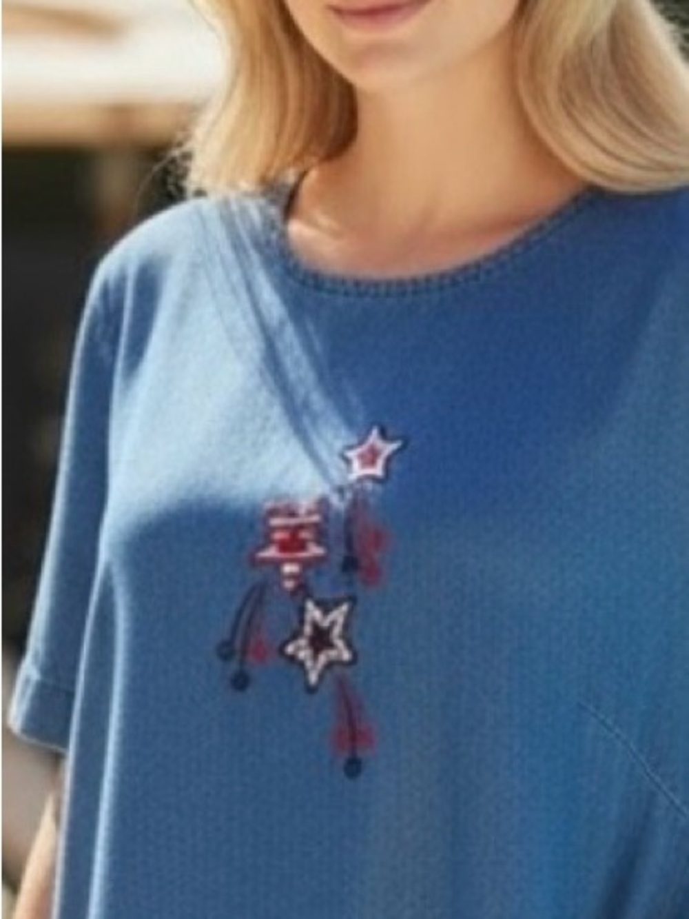 Vintage denim Jean dress patriotic with embroidered stars sz medium July 4th !